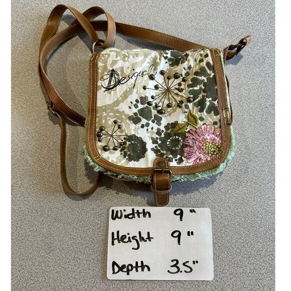 Desigual Canvas Crossbody‎ Bag Floral Embellished Brown Leather Strap Trim Spain - Picture 3 of 16
